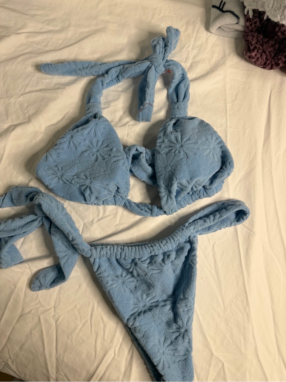 Terry Cloth Light Blue Floral Bikini Set
